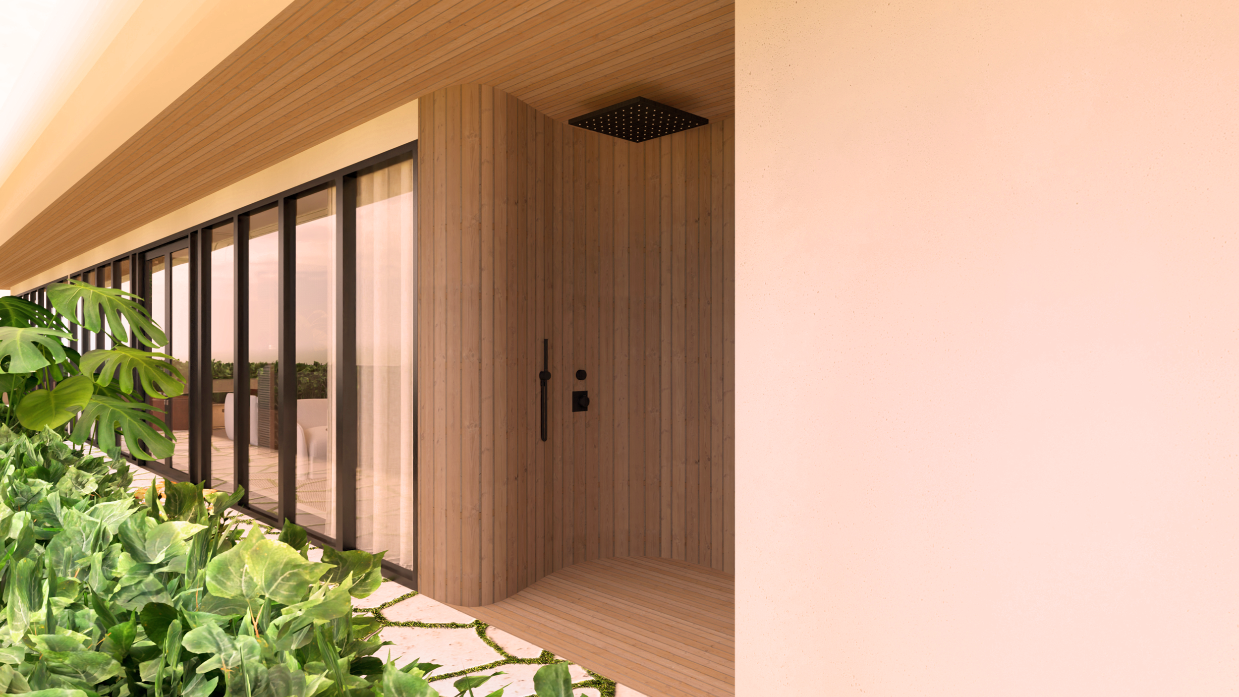 Contemporary outdoor shower and garden area