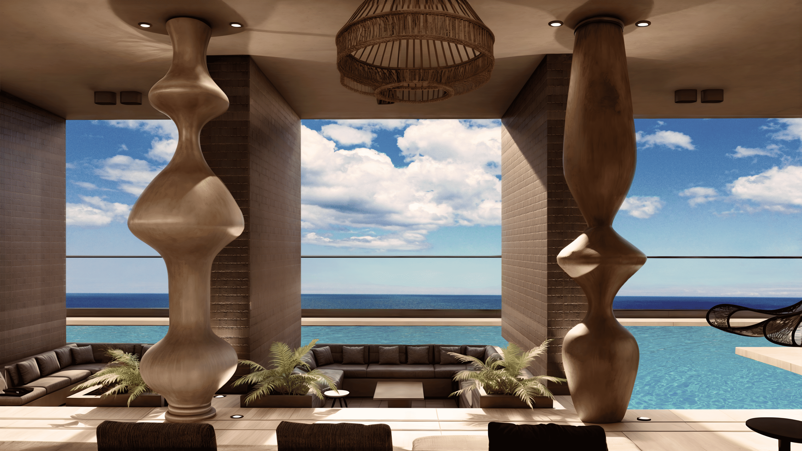 Ocean view amenity area with infinity pool, outdoor seating, and panoramic waterfront views