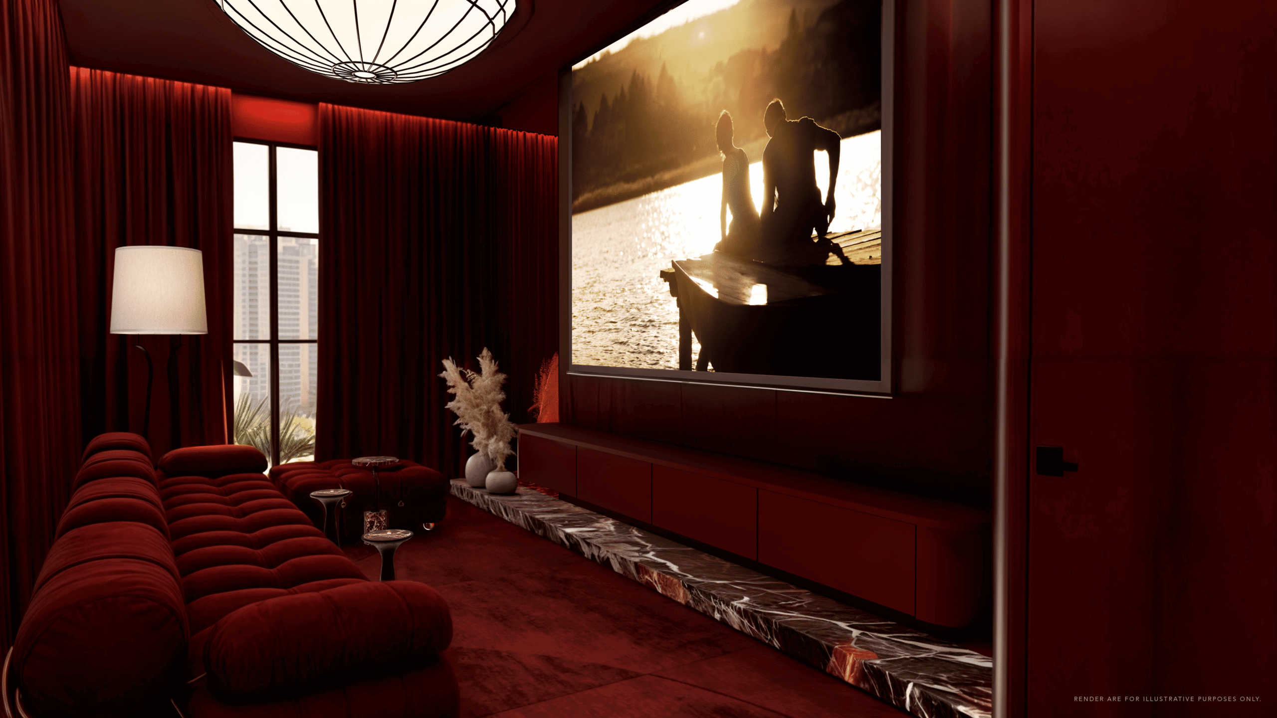 Private home theater room with red velvet seating, large screen, and premium entertainment design