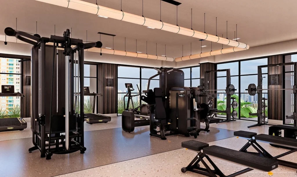 Fully equipped residential fitness center with modern gym equipment and panoramic city views