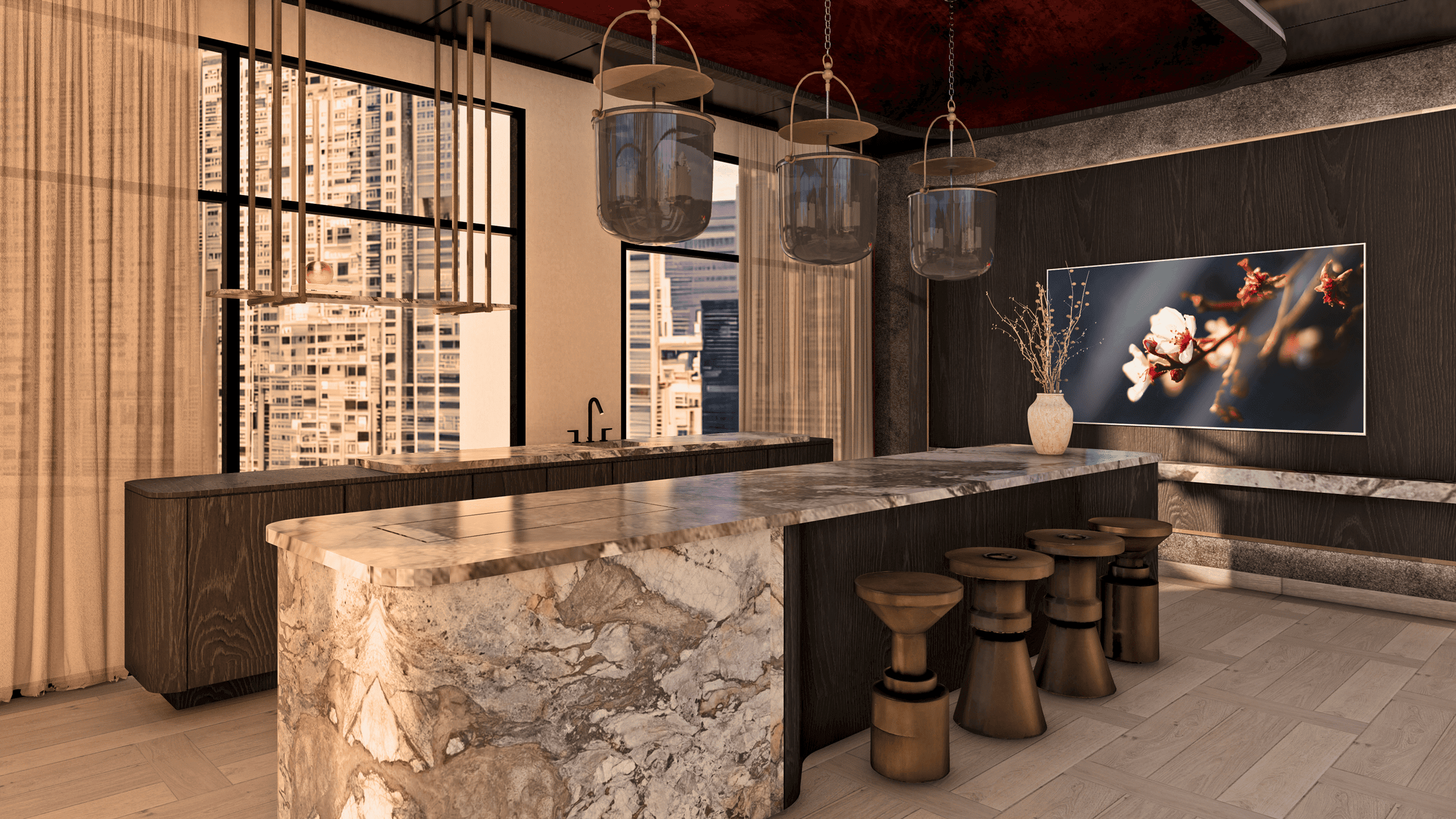 Modern luxury apartment kitchen and dining area with marble island, premium finishes, and city views