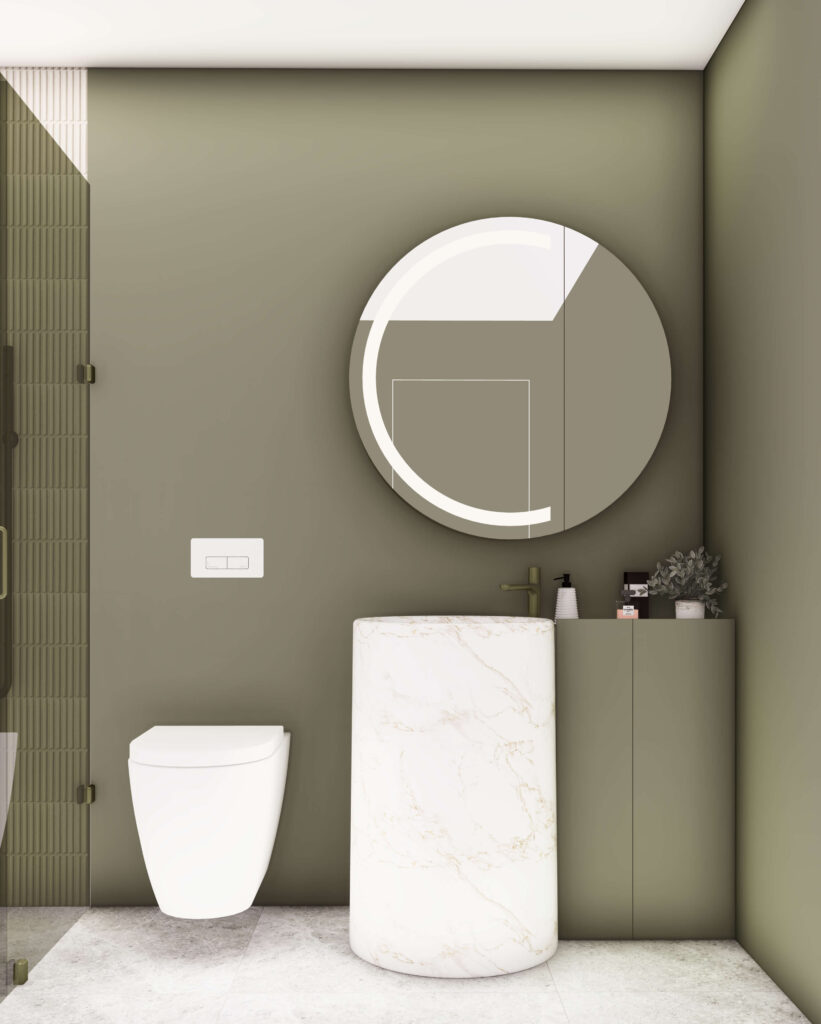 Contemporary bathroom with marble vanity, round mirror, and modern fixtures in a luxury apartment