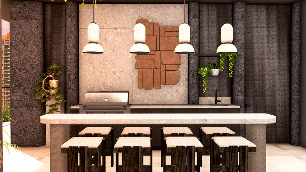 Modern outdoor kitchen and BBQ lounge with premium finishes and stylish dining space