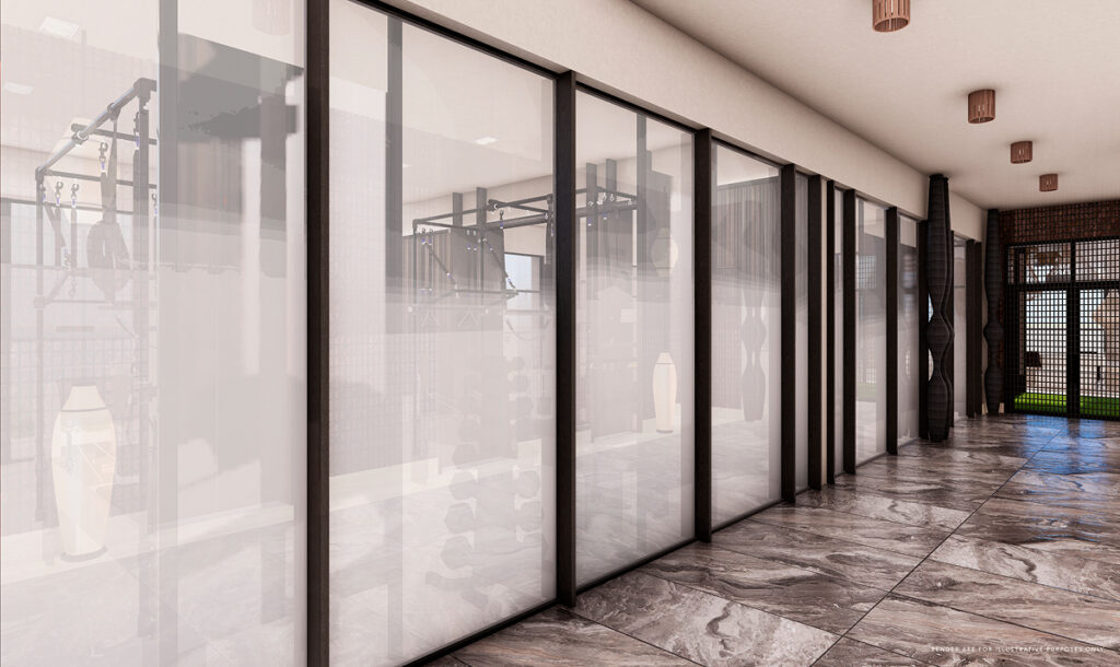 Contemporary fitness center with glass walls, modern equipment, and wellness facilities in a luxury residence