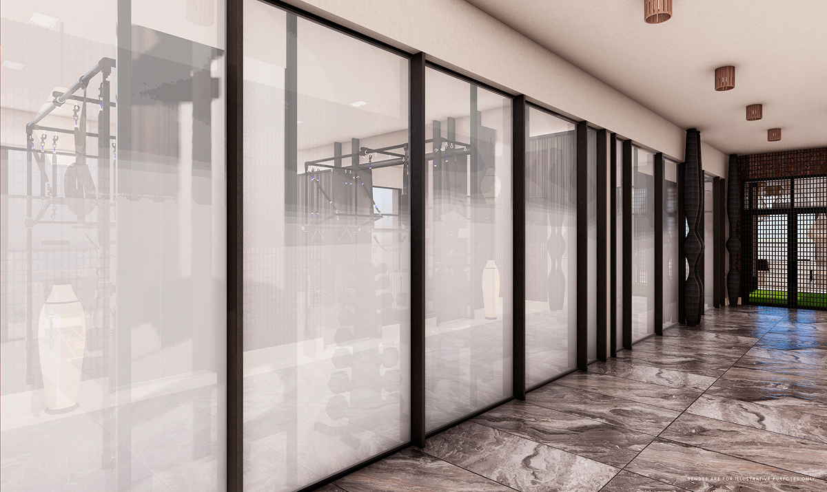Contemporary fitness center with glass walls, modern equipment, and wellness facilities in a luxury residence
