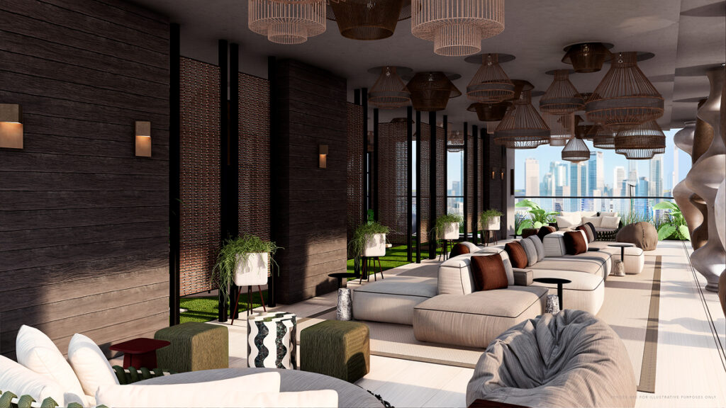 Modern luxury lounge area with comfortable seating, city views, and elegant interior architecture